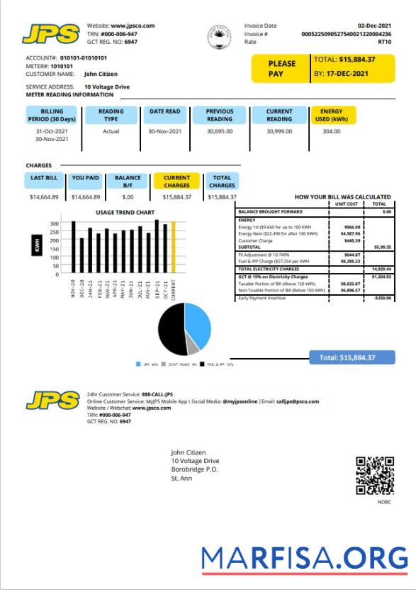 Downloadable Jamaica Public Service Company Limited (JPS) electricity utility bill template in Word and PDF format